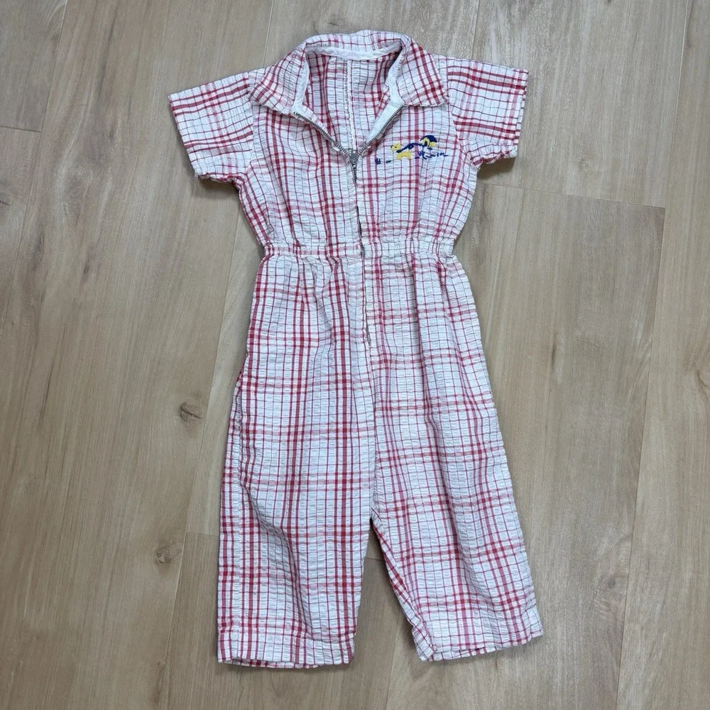 Vintage Baby Romper 12 Month Seersucker Red And White Checkered Zipper 1960s